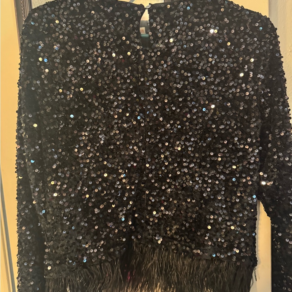 Black Sequin Top with Feather Hem